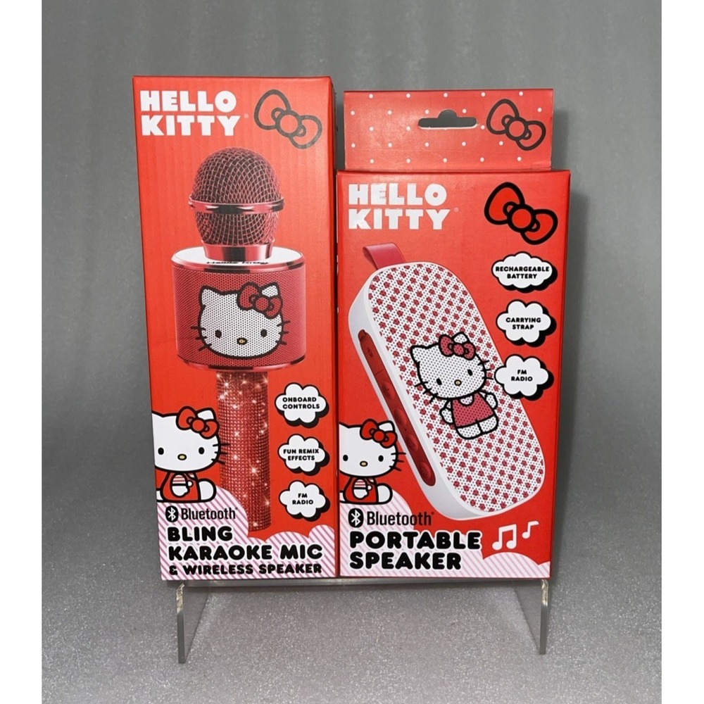 Sanrio Hello Kitty Bluetooth Red Portable Speaker & Bling Karaoke Mic Microphone
